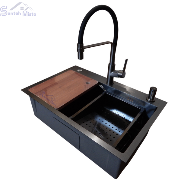 Комплект кухонної мийки Kraft HM 6845 NANO BLACK SM302 фото