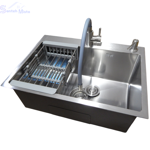 Комплект кухонної мийки Kraft KRF 6045 DECOR (3.0/1.0 мм)+Змішувач для кухні з гнучким виливом Kroner KRP Edelstahl Klassisch - ESG035GRA SM5933 фото