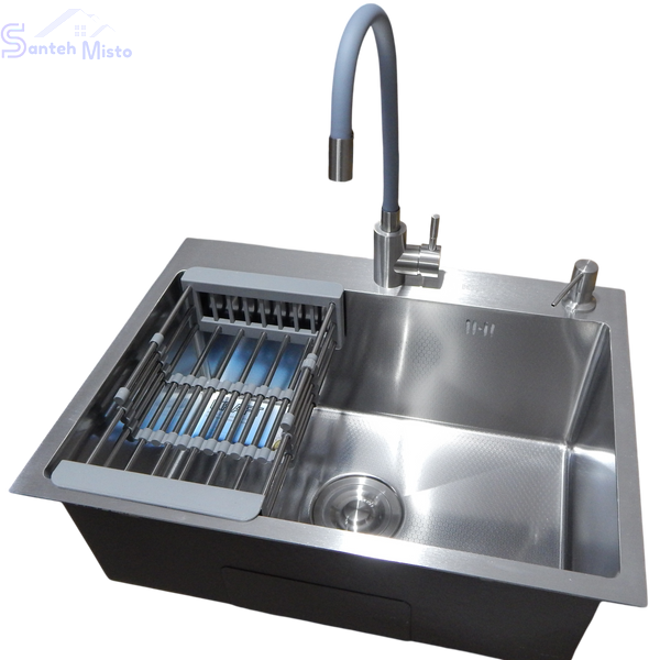 Комплект кухонної мийки Kraft KRF 6045 DECOR (3.0/1.0 мм)+Змішувач для кухні з гнучким виливом Kroner KRP Edelstahl Klassisch - ESG035GRA SM5933 фото