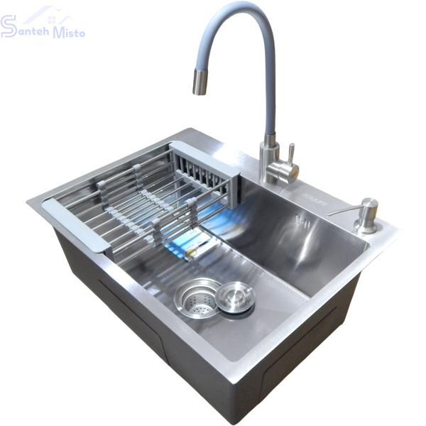 Комплект кухонної мийки Kraft KRF 6045 DECOR (3.0/1.0 мм)+Змішувач для кухні з гнучким виливом Kroner KRP Edelstahl Klassisch - ESG035GRA SM5933 фото