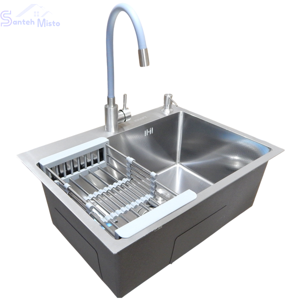 Комплект кухонної мийки Kraft KRF 6045 DECOR (3.0/1.0 мм)+Змішувач для кухні з гнучким виливом Kroner KRP Edelstahl Klassisch - ESG035GRA SM5933 фото