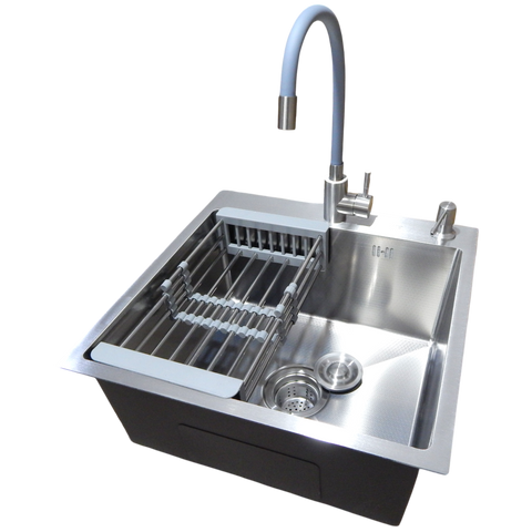 Комплект кухонної мийки Kraft KRF 5050 decor (3.0/1.0 мм)+Змішувач для кухні з гнучким виливом Kroner KRP Edelstahl Klassisch SM2600 фото
