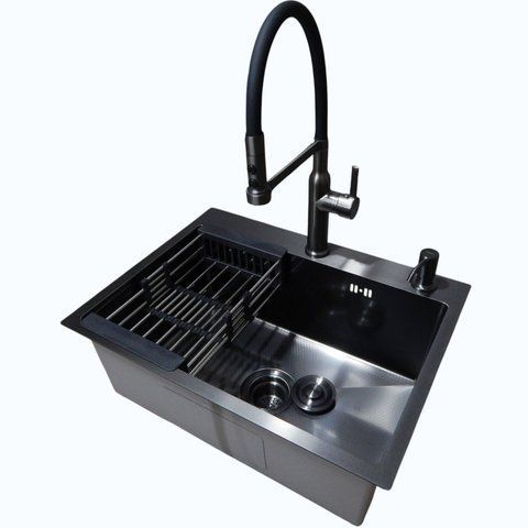 Комплект кухонної мийки Kraft NANO BLACK (Декор-соти) 600х450х220мм (3.0/1.0 мм)+Змішувач для кухні Kroner KRP Ersel - GRP03112BLK SM50180 фото
