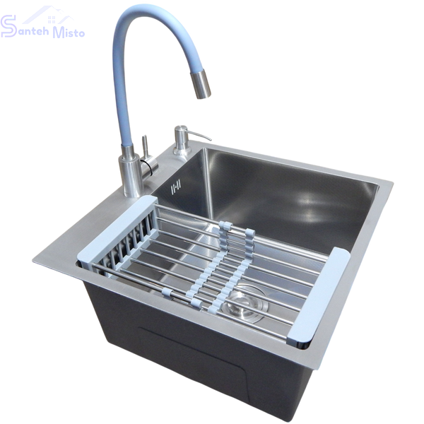 Комплект кухонної мийки Kraft KRF 5050 decor (3.0/1.0 мм)+Змішувач для кухні з гнучким виливом Kroner KRP Edelstahl Klassisch SM2600 фото