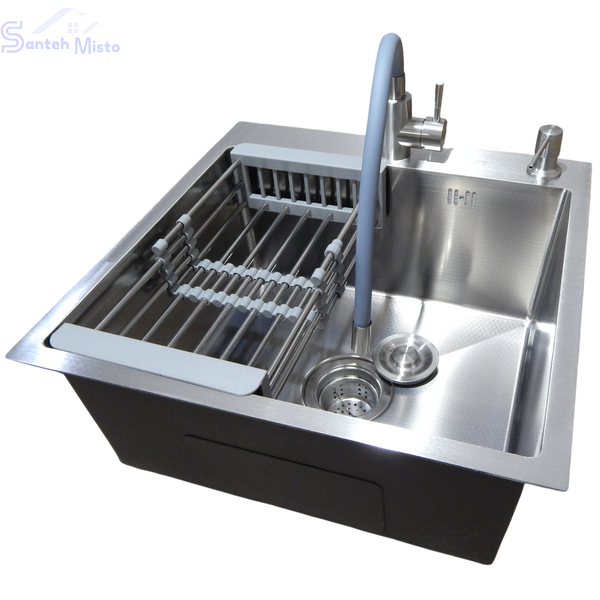 Комплект кухонної мийки Kraft KRF 5050 decor (3.0/1.0 мм)+Змішувач для кухні з гнучким виливом Kroner KRP Edelstahl Klassisch SM2600 фото
