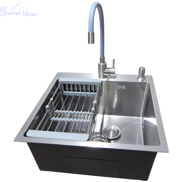 Комплект кухонної мийки Kraft KRF 5050 decor (3.0/1.0 мм)+Змішувач для кухні з гнучким виливом Kroner KRP Edelstahl Klassisch SM2600 фото