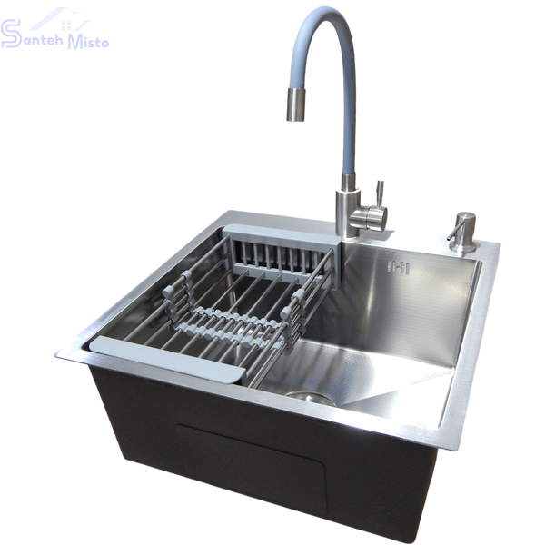 Комплект кухонної мийки Kraft KRF 5050 decor (3.0/1.0 мм)+Змішувач для кухні з гнучким виливом Kroner KRP Edelstahl Klassisch SM2600 фото