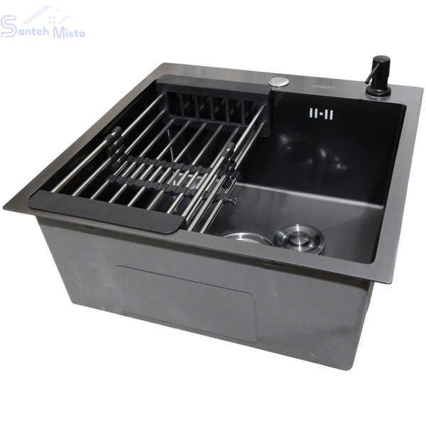 Комплект кухонної мийки Kraft NANO BLACK PVD Декор HS50*50 (3.0/1.0 мм)+Змішувач для кухні з висувним шлангом SМ4088 фото