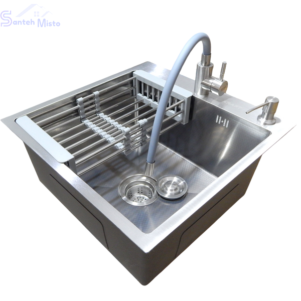 Комплект кухонної мийки Kraft KRF 5050 decor (3.0/1.0 мм)+Змішувач для кухні з гнучким виливом Kroner KRP Edelstahl Klassisch SM2600 фото