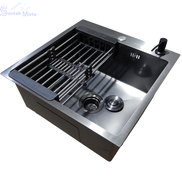 Комплект кухонної мийки Kraft NANO BLACK PVD Декор HS50*50 (3.0/1.0 мм)+Змішувач для кухні з висувним шлангом SМ4088 фото