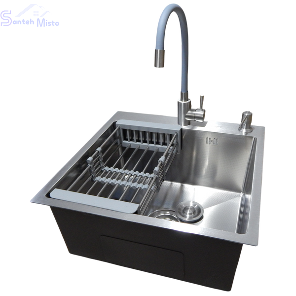 Комплект кухонної мийки Kraft KRF 5050 decor (3.0/1.0 мм)+Змішувач для кухні з гнучким виливом Kroner KRP Edelstahl Klassisch SM2600 фото