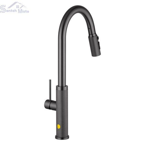 Комплект кухонної мийки Kraft NANO BLACK PVD Декор HS50*50 (3.0/1.0 мм)+Змішувач для кухні з висувним шлангом SМ4088 фото