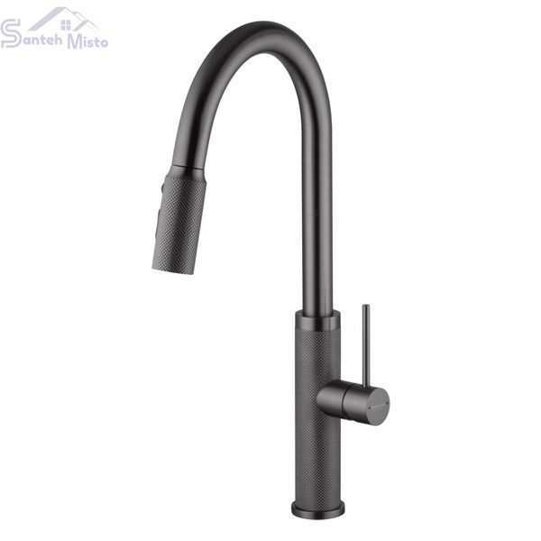 Комплект кухонної мийки Kraft NANO BLACK PVD Декор HS50*50 (3.0/1.0 мм)+Змішувач для кухні з висувним шлангом SМ4088 фото