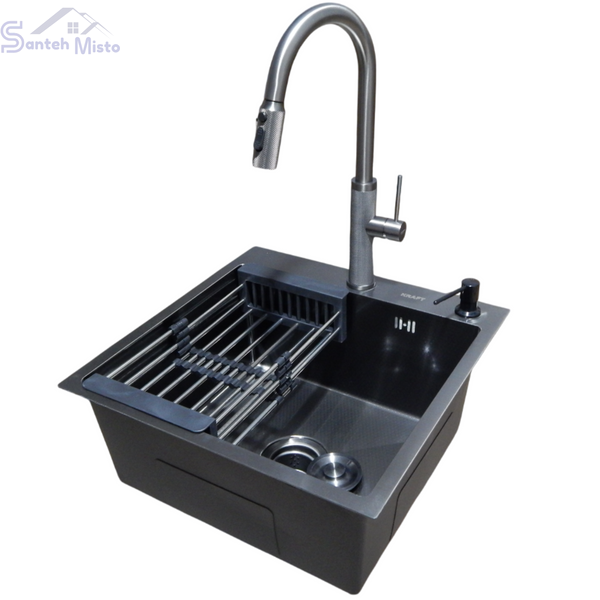 Комплект кухонної мийки Kraft NANO BLACK PVD Декор HS50*50 (3.0/1.0 мм)+Змішувач для кухні з висувним шлангом SМ4088 фото