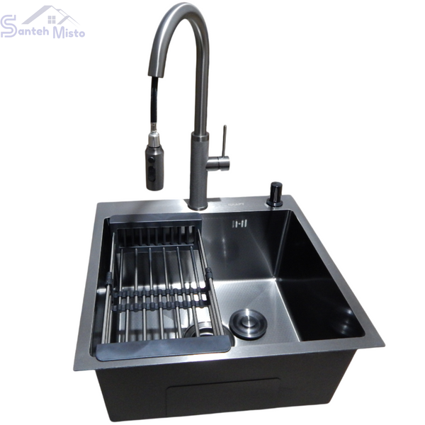 Комплект кухонної мийки Kraft NANO BLACK PVD Декор HS50*50 (3.0/1.0 мм)+Змішувач для кухні з висувним шлангом SМ4088 фото