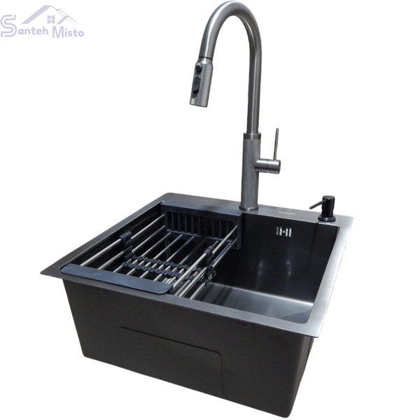Комплект кухонної мийки Kraft NANO BLACK PVD Декор HS50*50 (3.0/1.0 мм)+Змішувач для кухні з висувним шлангом SМ4088 фото