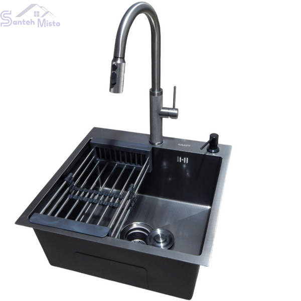 Комплект кухонної мийки Kraft NANO BLACK PVD Декор HS50*50 (3.0/1.0 мм)+Змішувач для кухні з висувним шлангом SМ4088 фото