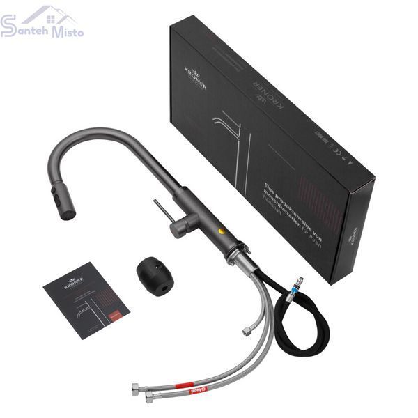 Комплект кухонної мийки Kraft NANO BLACK PVD Декор HS50*50 (3.0/1.0 мм)+Змішувач для кухні з висувним шлангом SМ4088 фото