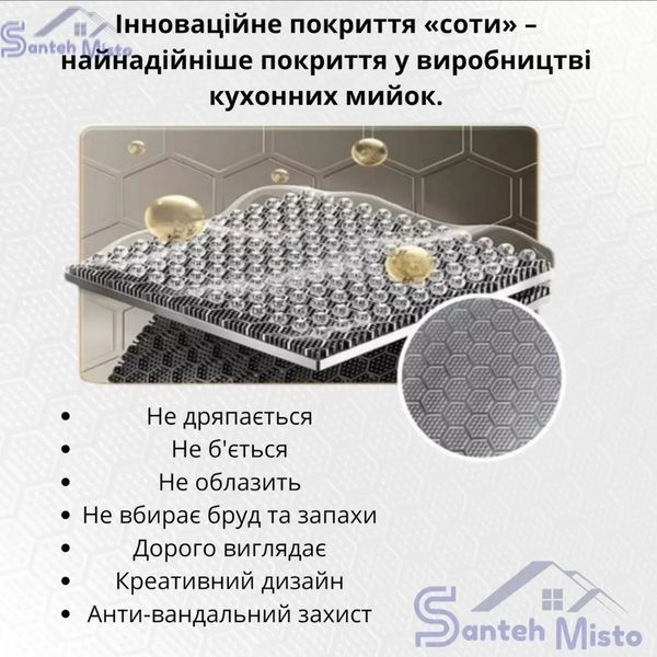Комплект кухонной мойки Kraft NANO BLACK PVD (Декор-соты) 600х450х220мм (3.0/1.0 мм)+Смеситель для кухни Kroner KRP Ersel - GRP03112BLK SM50180 фото