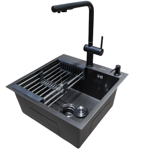 Комплект кухонной мойки KRAFT Handmade PVD чорна HS 5050 (3.0/1.0 мм) Dekor SM2061 фото