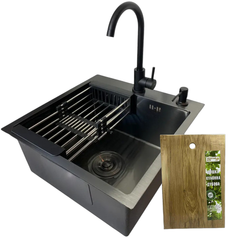 Комплект кухонної мийки Kraft HM 50х50 NANO BLACK (DECOR) PVD (3.0/1.0 мм) SМ041 фото