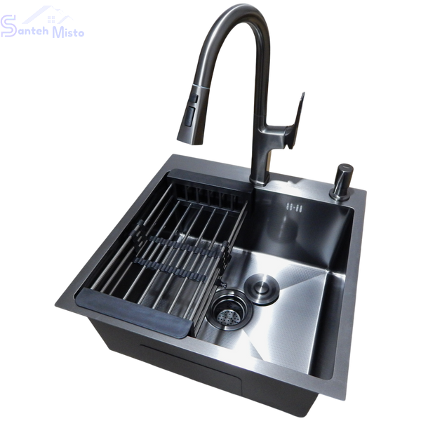 Комплект кухонної мийки Kraft HM 50х50 NANO BLACK (DECOR) PVD (3.0/1.0 мм) SМ610477 фото