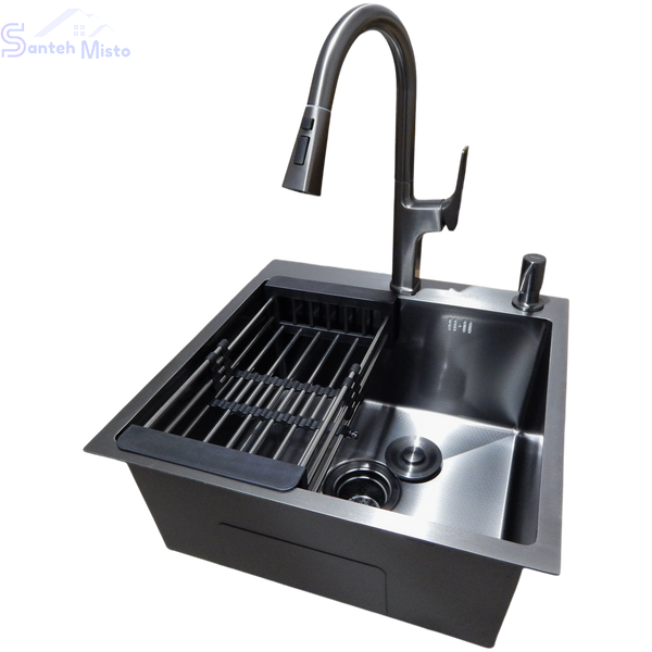 Комплект кухонної мийки Kraft HM 50х50 NANO BLACK (DECOR) PVD (3.0/1.0 мм) SМ610477 фото