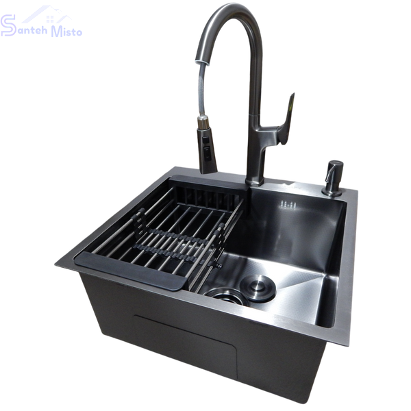 Комплект кухонної мийки Kraft HM 50х50 NANO BLACK (DECOR) PVD (3.0/1.0 мм) SМ610477 фото