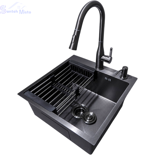 Комплект кухонної мийки Kraft HM 50х50 NANO BLACK PVD (3.0/1.0 мм) DEKOR SМ7014 фото
