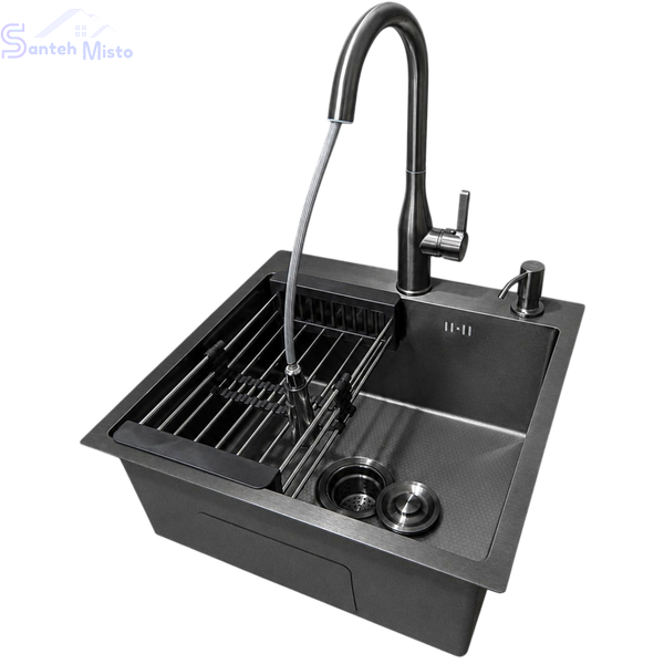 Комплект кухонної мийки Kraft HM 50х50 NANO BLACK PVD (3.0/1.0 мм) DEKOR SМ7014 фото