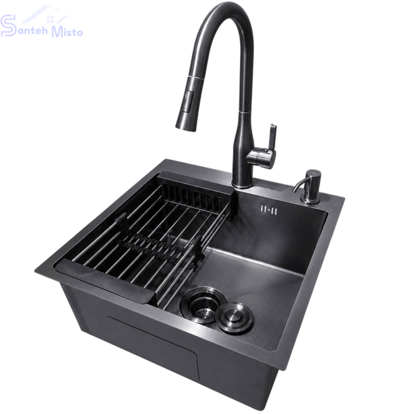 Комплект кухонної мийки Kraft HM 50х50 NANO BLACK PVD (3.0/1.0 мм) DEKOR SМ7014 фото