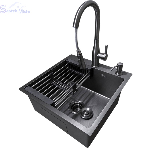 Комплект кухонної мийки Kraft HM 50х50 NANO BLACK PVD (3.0/1.0 мм) DEKOR SМ7014 фото