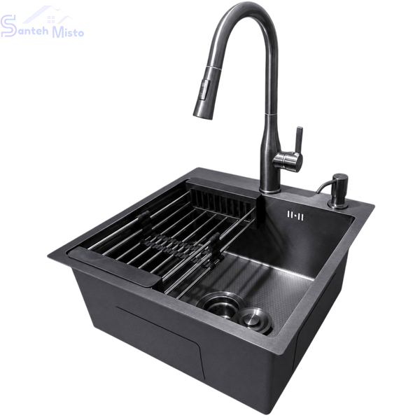 Комплект кухонної мийки Kraft HM 50х50 NANO BLACK PVD (3.0/1.0 мм) DEKOR SМ7014 фото