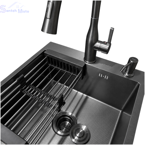 Комплект кухонної мийки Kraft HM 50х50 NANO BLACK PVD (3.0/1.0 мм) DEKOR SМ7014 фото