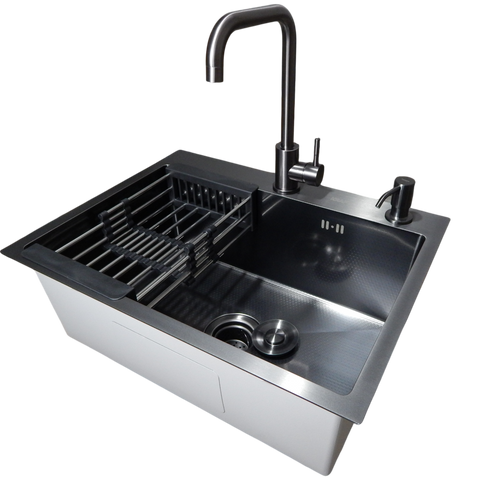 Комплект кухонной мойки KRAFT Handmade PVD чорная HS60*45(3.0/1.0 мм) DEKOR SM8016 фото