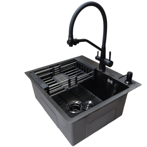 Комплект кухонной мойки Kraft HS 540Х480 NANO BLACK PVD (3.0/1.0 мм) SM1810 фото