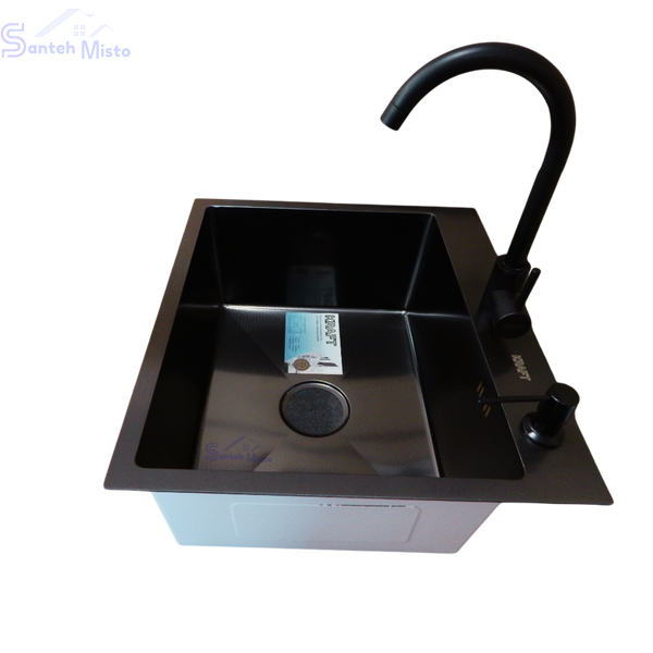 Комплект кухонной мойки Kraft HM 50х50 NANO BLACK (DECOR) PVD (3.0/1.0 мм) SМ040 фото