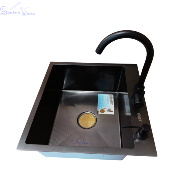 Комплект кухонной мойки Kraft HM 50х50 NANO BLACK (DECOR) PVD (3.0/1.0 мм) SМ040 фото