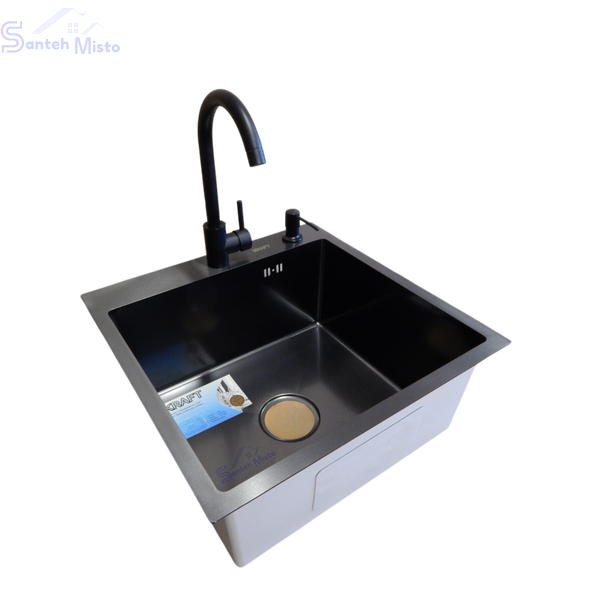 Комплект кухонной мойки Kraft HM 50х50 NANO BLACK (DECOR) PVD (3.0/1.0 мм) SМ040 фото