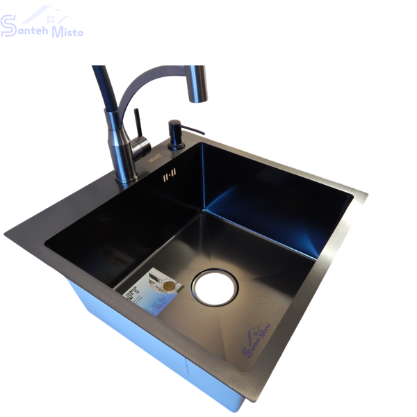 Комплект кухонной мойки Kraft HM 50х50 NANO BLACK (DECOR) PVD (3.0/1.0 мм) SМ455 фото
