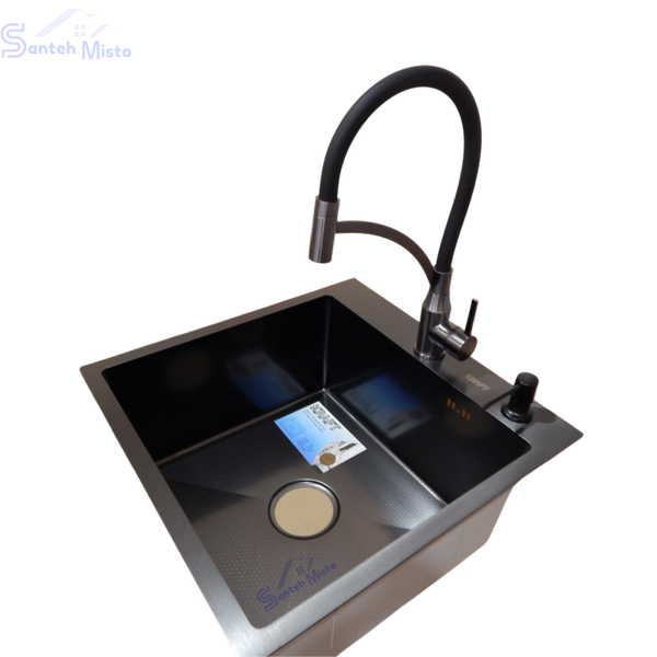 Комплект кухонной мойки Kraft HM 50х50 NANO BLACK (DECOR) PVD (3.0/1.0 мм) SМ455 фото