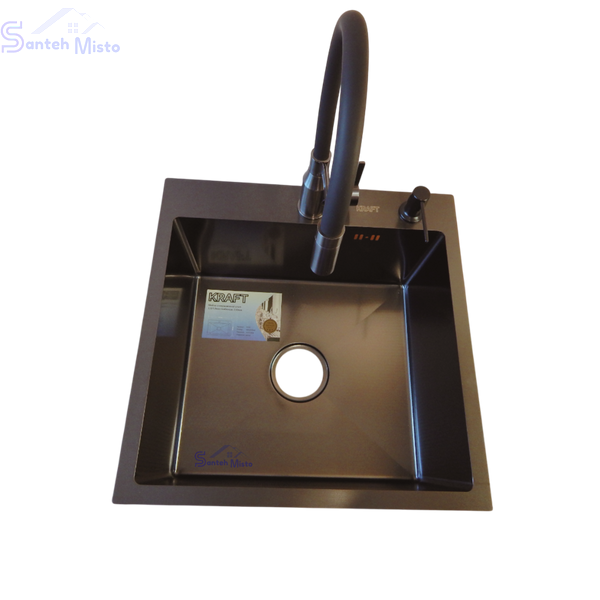 Комплект кухонной мойки Kraft HM 50х50 NANO BLACK (DECOR) PVD (3.0/1.0 мм) SМ455 фото
