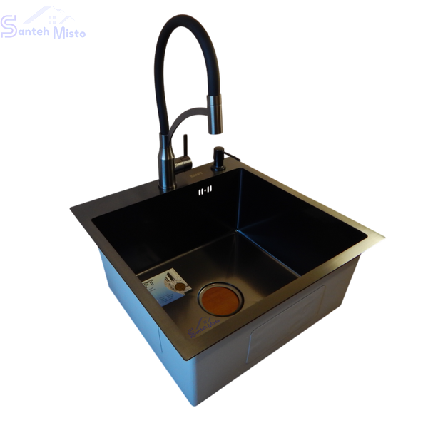 Комплект кухонной мойки Kraft HM 50х50 NANO BLACK (DECOR) PVD (3.0/1.0 мм) SМ455 фото