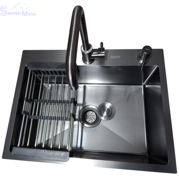 Комплект кухонної мийки KRAFT Handmade PVD чорна HS60*45 (3.0/1.0 мм) DEKOR SM8016 фото