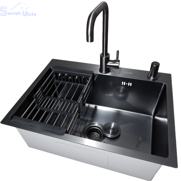 Комплект кухонной мойки KRAFT Handmade PVD чорная HS60*45(3.0/1.0 мм) DEKOR SM8016 фото