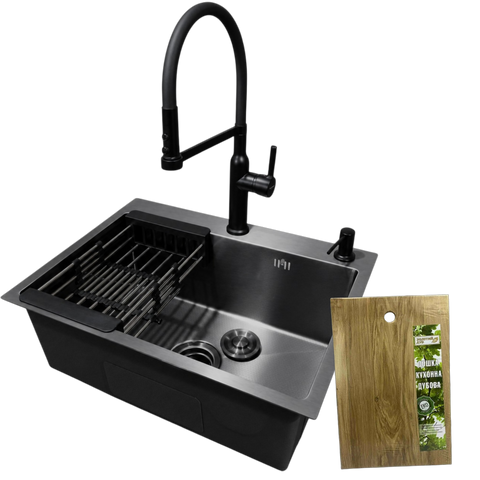 Комплект кухонної мийки Kraft NANO BLACK PVD HS 540*480мм Декор (3.0/1.0 мм)+Змішувач для кухні Kroner KRP Ersel - SCH03112BLK SM2950 фото
