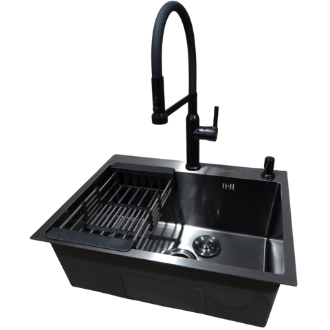 Комплект кухонной мойки Kraft NANO BLACK PVD HS 540*480мм Декор (3.0/1.0 мм)+Смеситель для кухни Kroner KRP Ersel &ndash; SCH03112BLK SM2950 фото