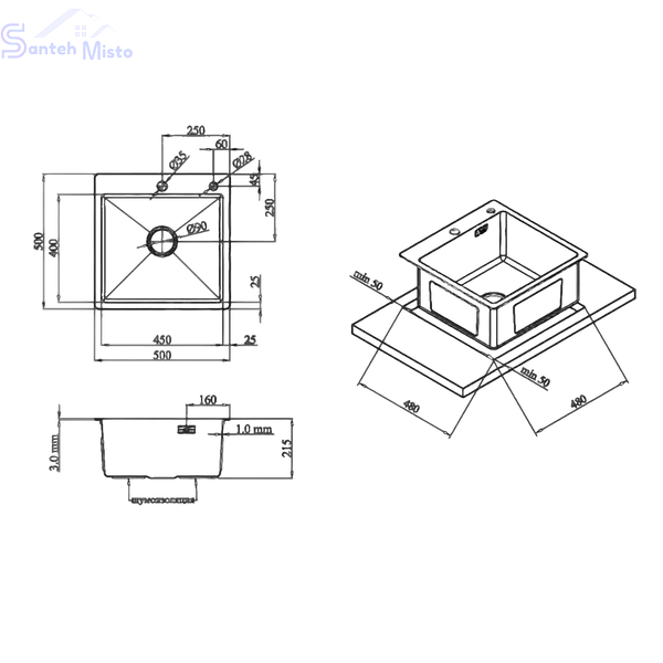 Комплект кухонной мойки Kraft NANO BLACK PVD HS50*50(3.0/1.0 мм) декор SM6210 фото