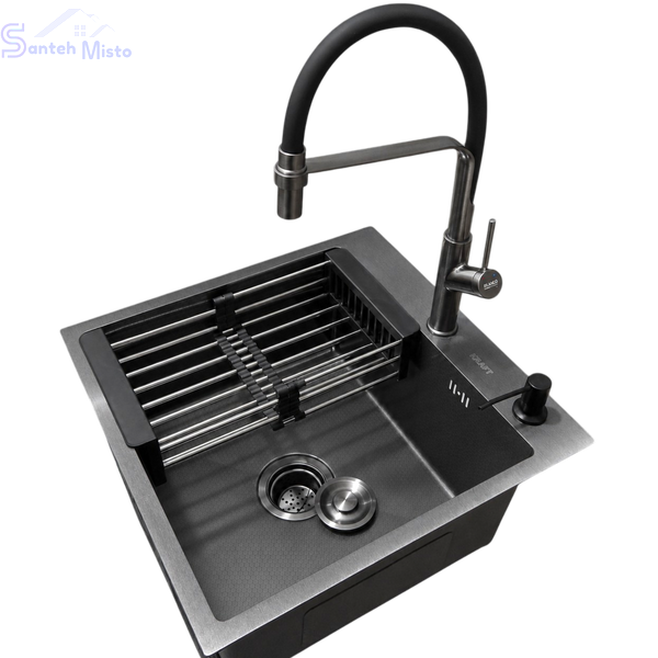 Комплект кухонной мойки Kraft NANO BLACK PVD HS50*50(3.0/1.0 мм) декор SM6210 фото