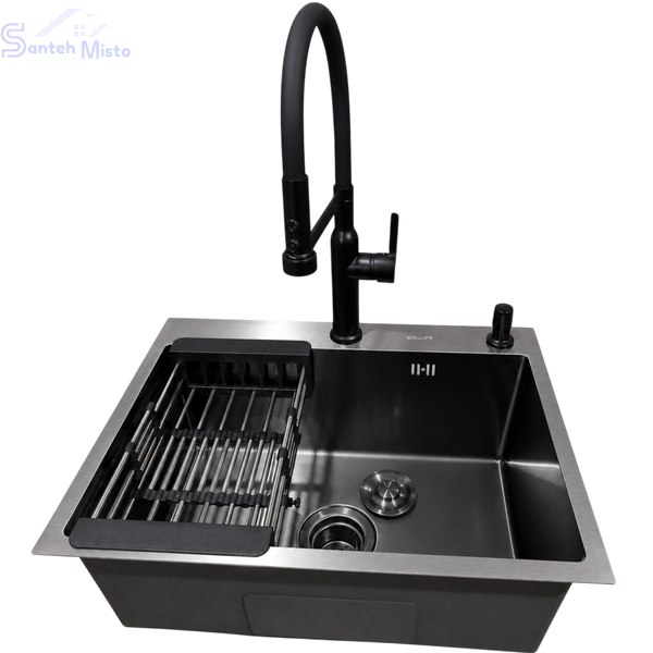 Комплект кухонної мийки Kraft NANO BLACK PVD HS 540*480мм Декор (3.0/1.0 мм)+Змішувач для кухні Kroner KRP Ersel - SCH03112BLK SM2950 фото